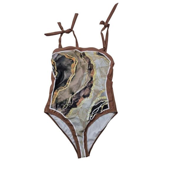 NWOT 1PC Bathing Suit+ Long Sarong Cover Up Set Brown/Gold Marble Sz XL - Picture 1 of 10